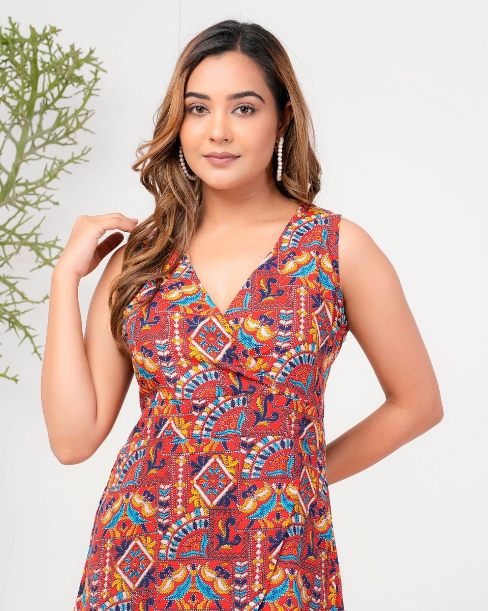 Maroon Poly Crepe Overlap Midi Dress For Women