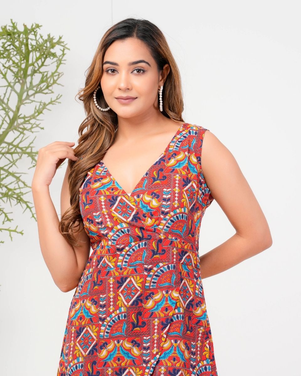 Maroon Poly Crepe Overlap Midi Dress For Women