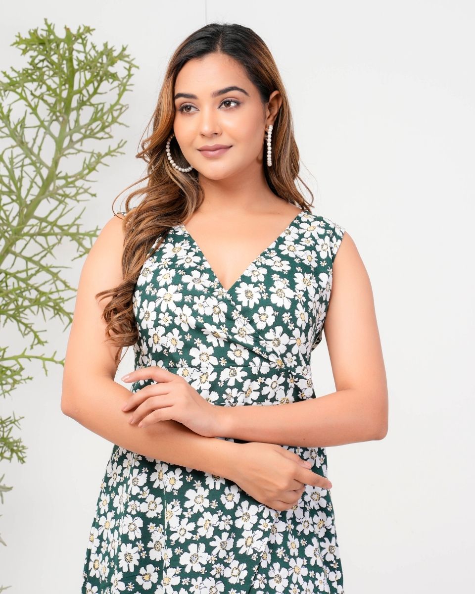 Pine Green Floral Printed Poly Crepe Midi Dress For Women
