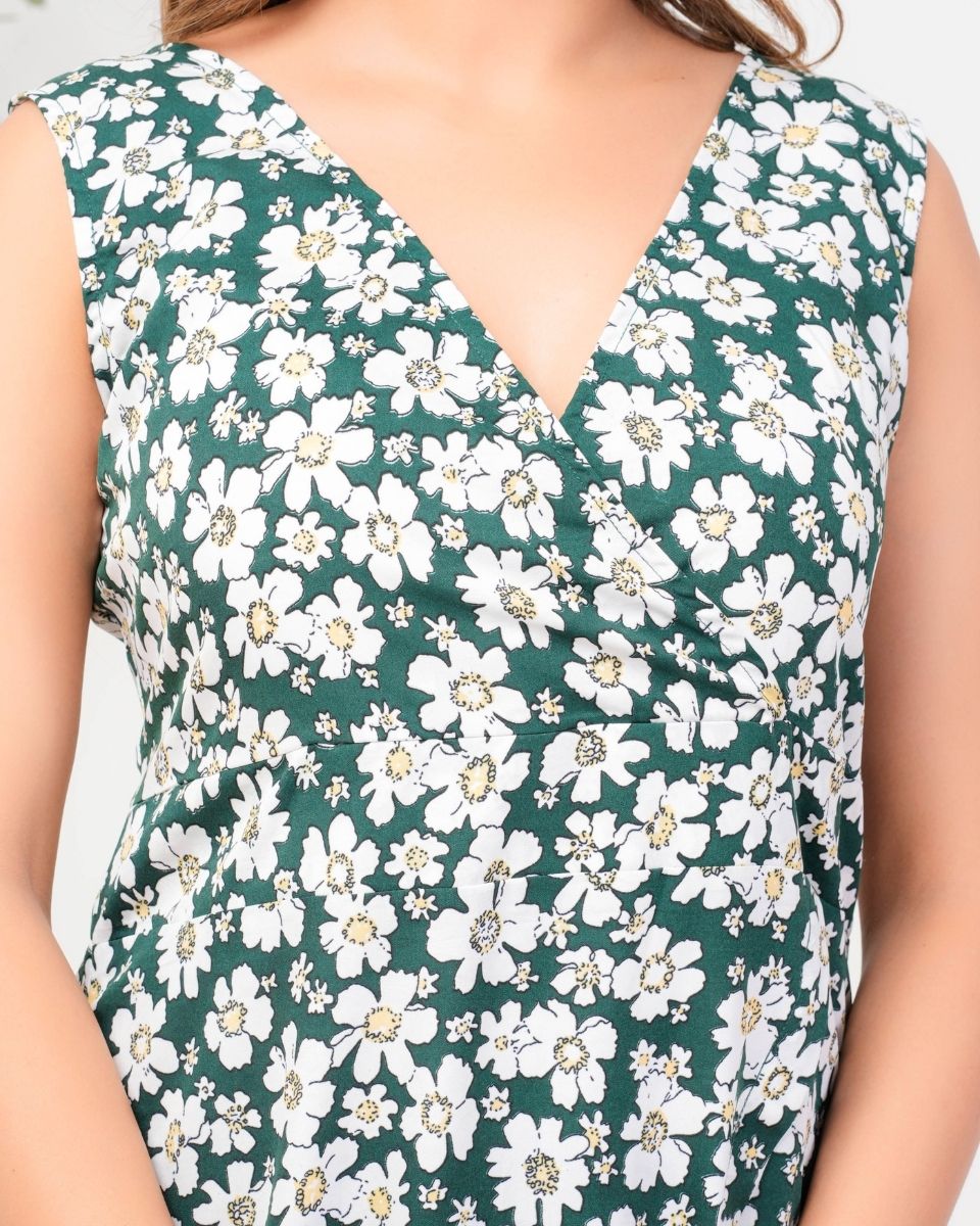 Pine Green Floral Printed Poly Crepe Midi Dress For Women