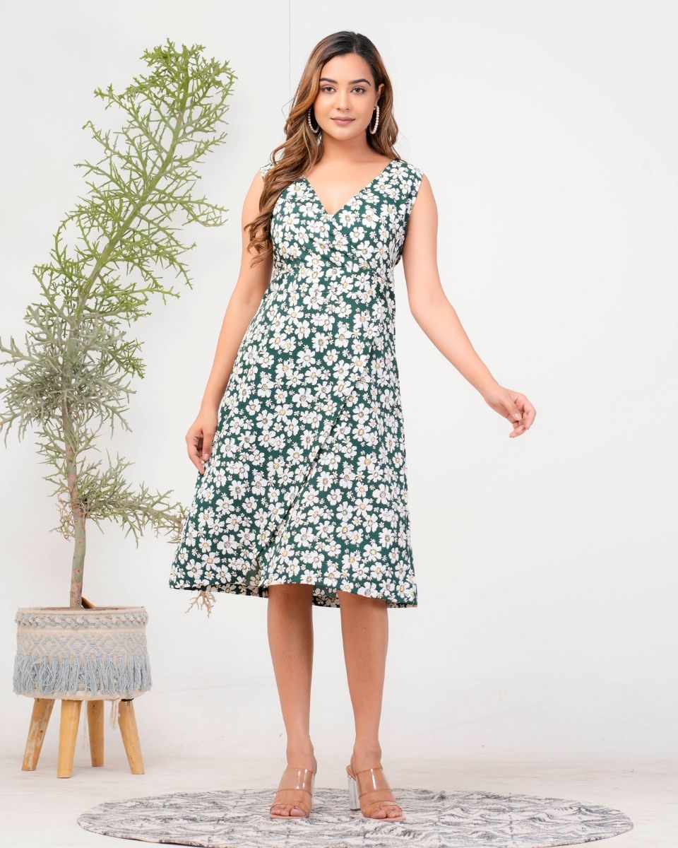 Pine Green Floral Printed Poly Crepe Midi Dress For Women