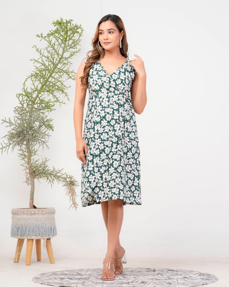 Pine Green Floral Printed Poly Crepe Midi Dress For Women