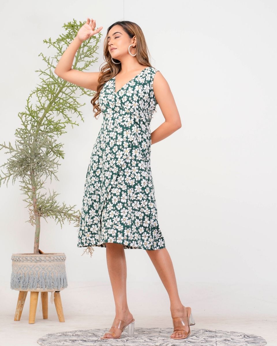Pine Green Floral Printed Poly Crepe Midi Dress For Women
