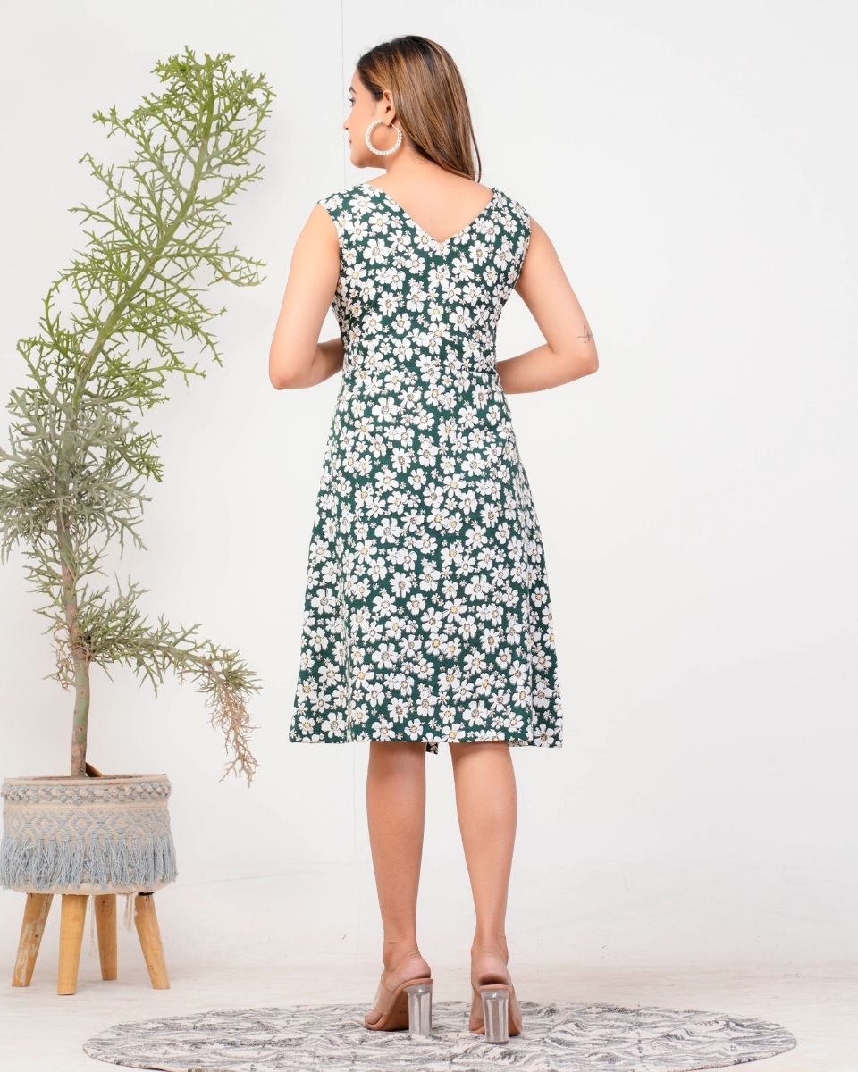 Pine Green Floral Printed Poly Crepe Midi Dress For Women