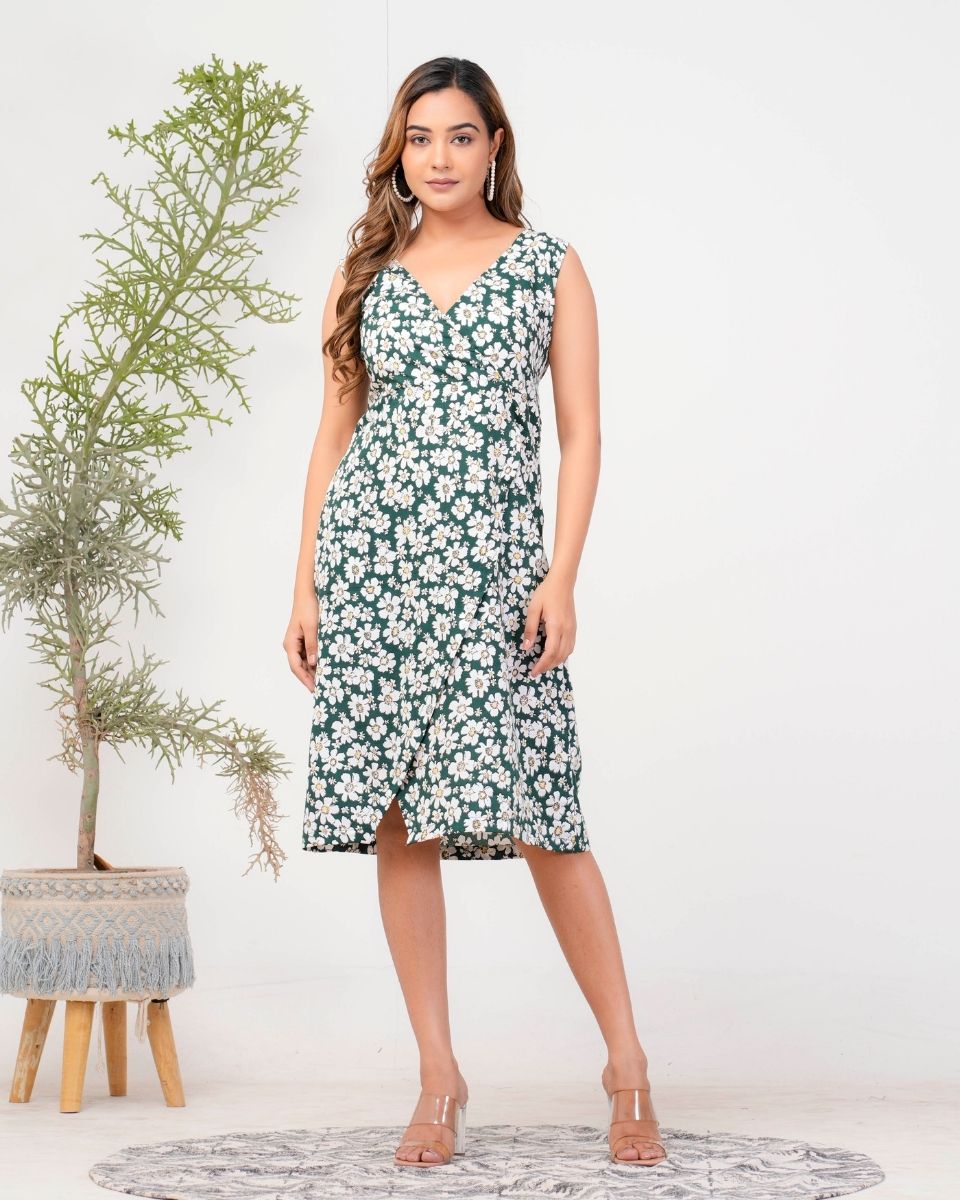 Pine Green Floral Printed Poly Crepe Midi Dress For Women
