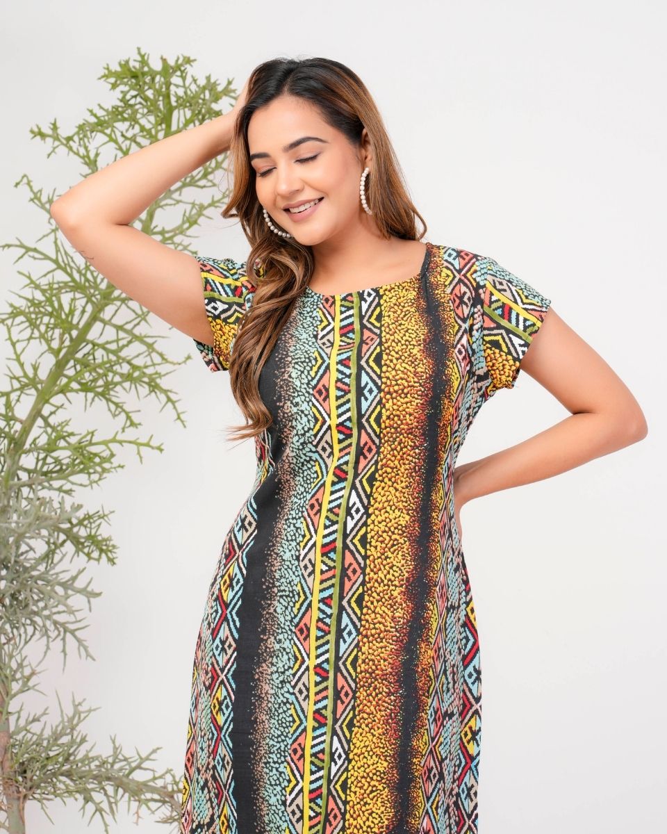 Chevron Printed Multicolor Poly Crepe Dress For Women