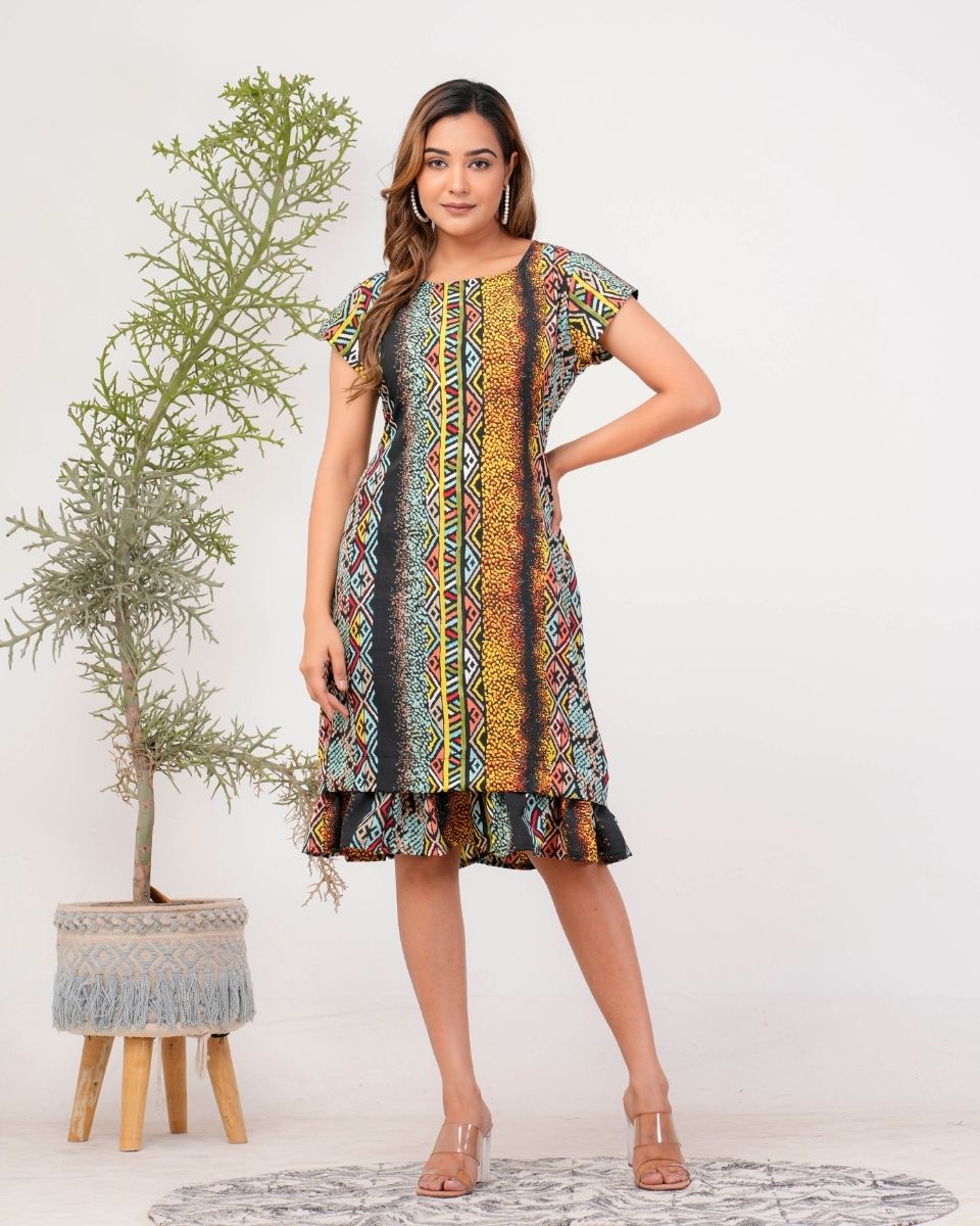 Chevron Printed Multicolor Poly Crepe Dress For Women