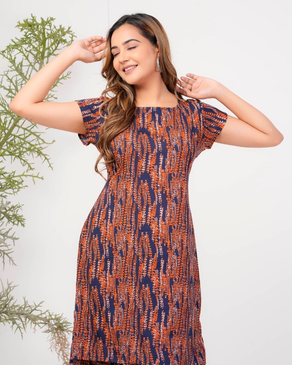 Sprig Printed Navy Blue Poly Crepe Casual Midi Dress For Women