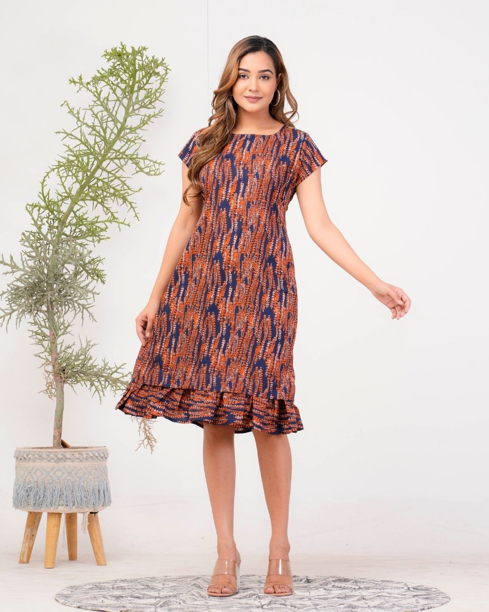 Sprig Printed Navy Blue Poly Crepe Casual Midi Dress For Women