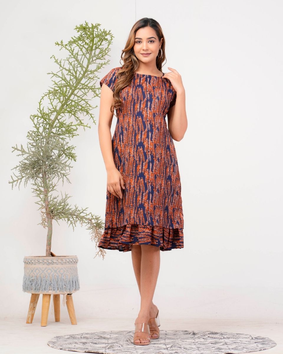 Sprig Printed Navy Blue Poly Crepe Casual Midi Dress For Women