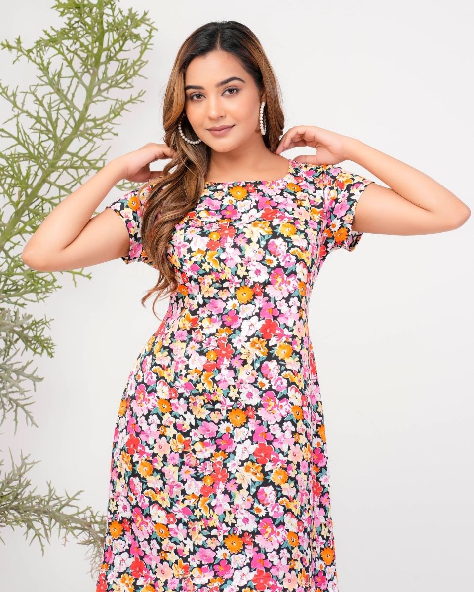Multicolor Elegant Floral Midi Dress For Women