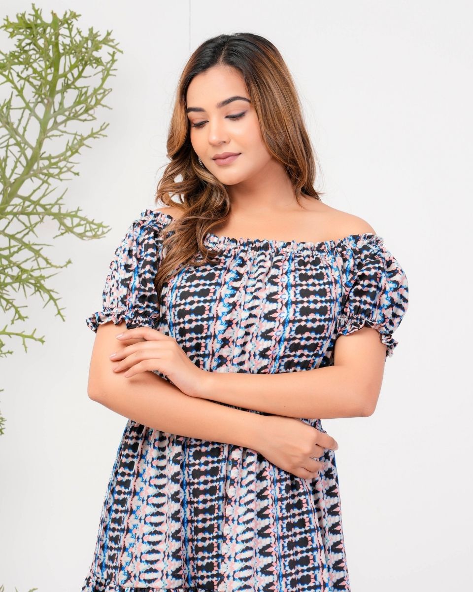 Ikat Printed Poly Crepe Gray Off Shoulder Dress For Women