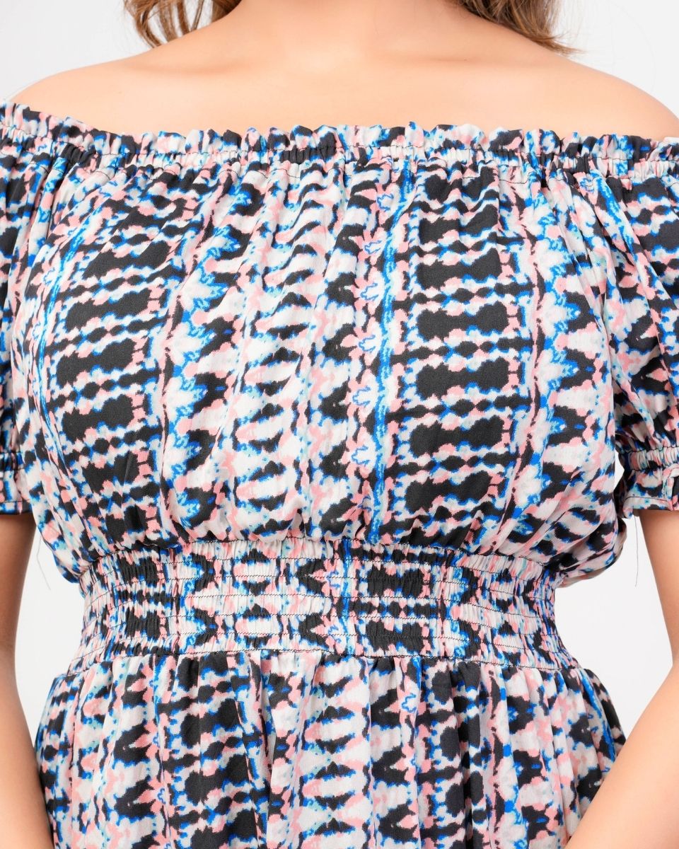 Ikat Printed Poly Crepe Gray Off Shoulder Dress For Women