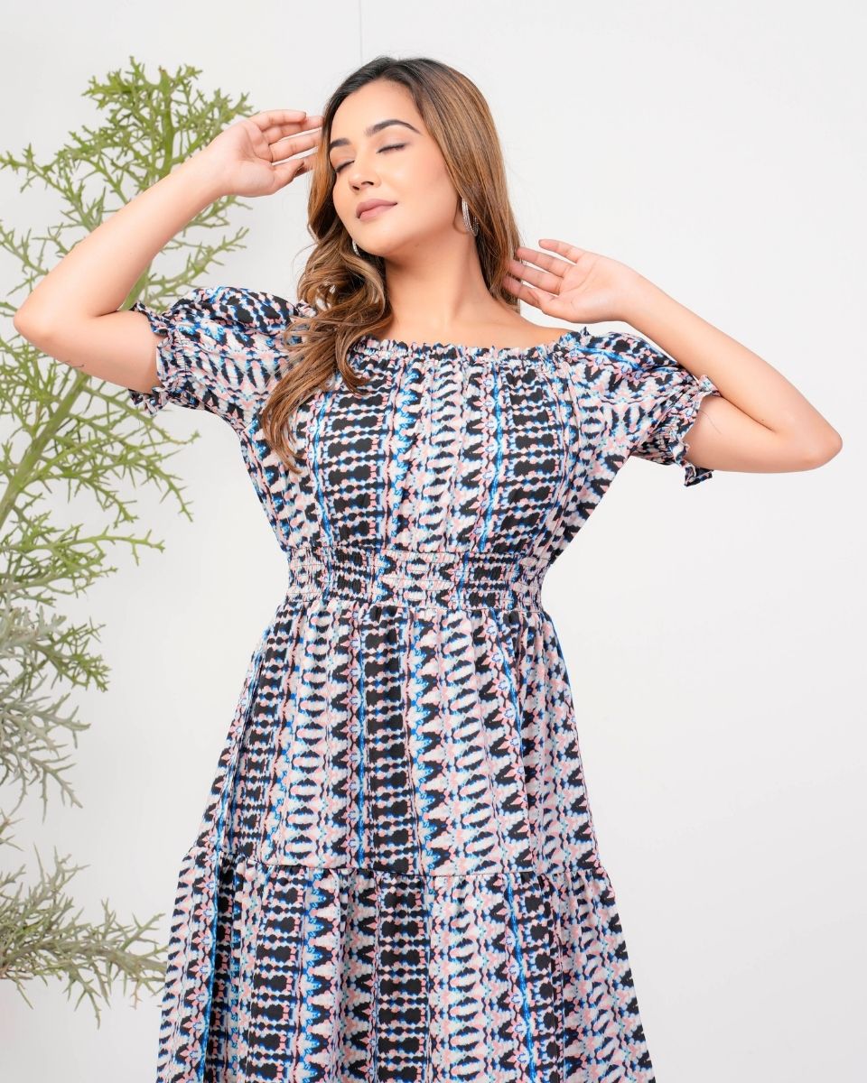 Ikat Printed Poly Crepe Gray Off Shoulder Dress For Women