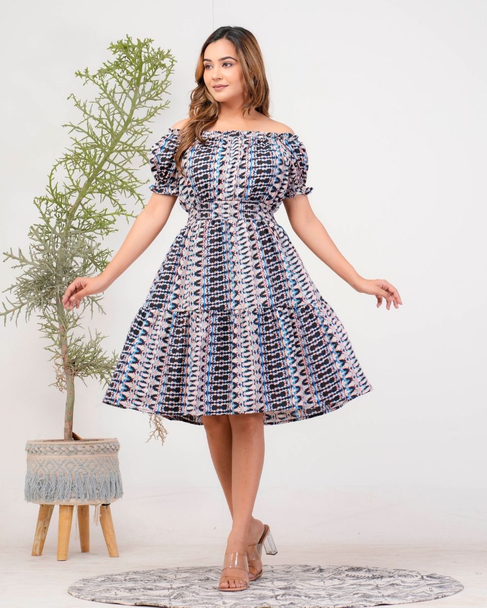 Ikat Printed Poly Crepe Gray Off Shoulder Dress For Women