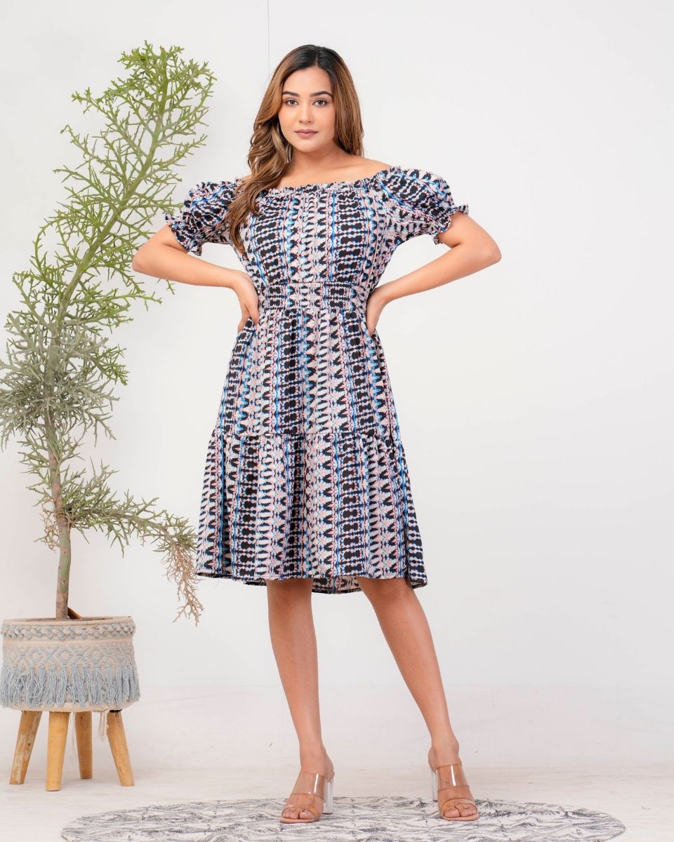 Ikat Printed Poly Crepe Gray Off Shoulder Dress For Women