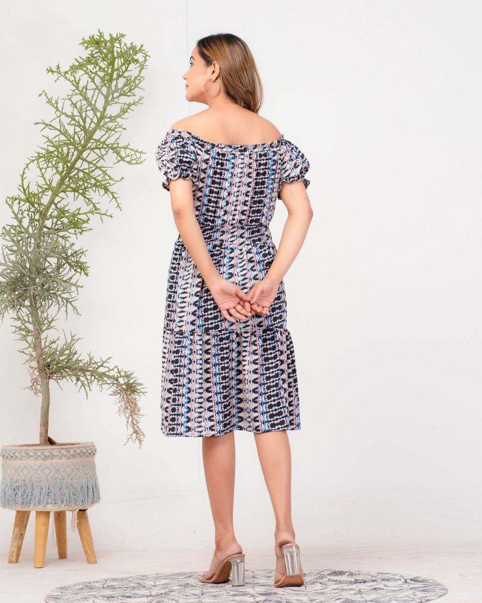 Ikat Printed Poly Crepe Gray Off Shoulder Dress For Women