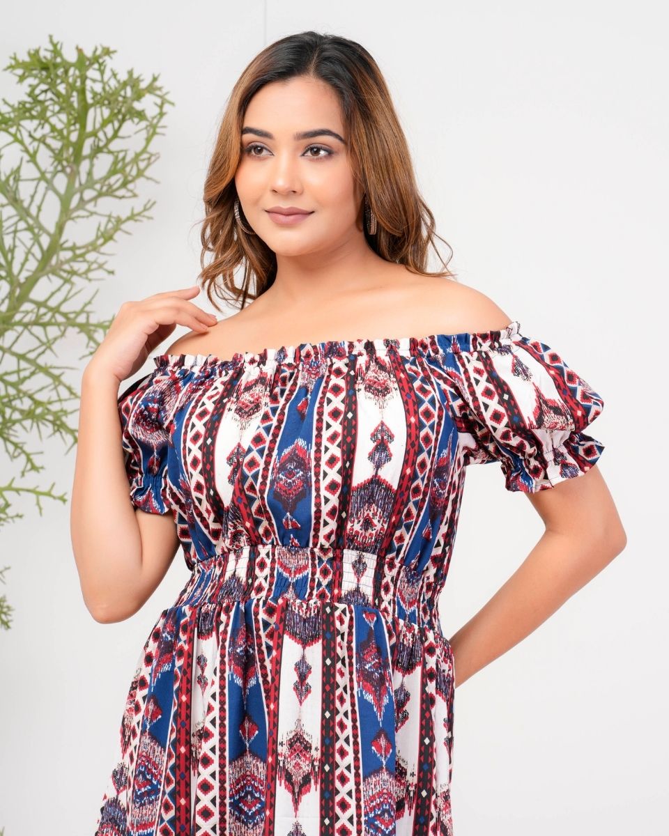 Blue Poly Crepe Off Shoulder Party Dress For Women