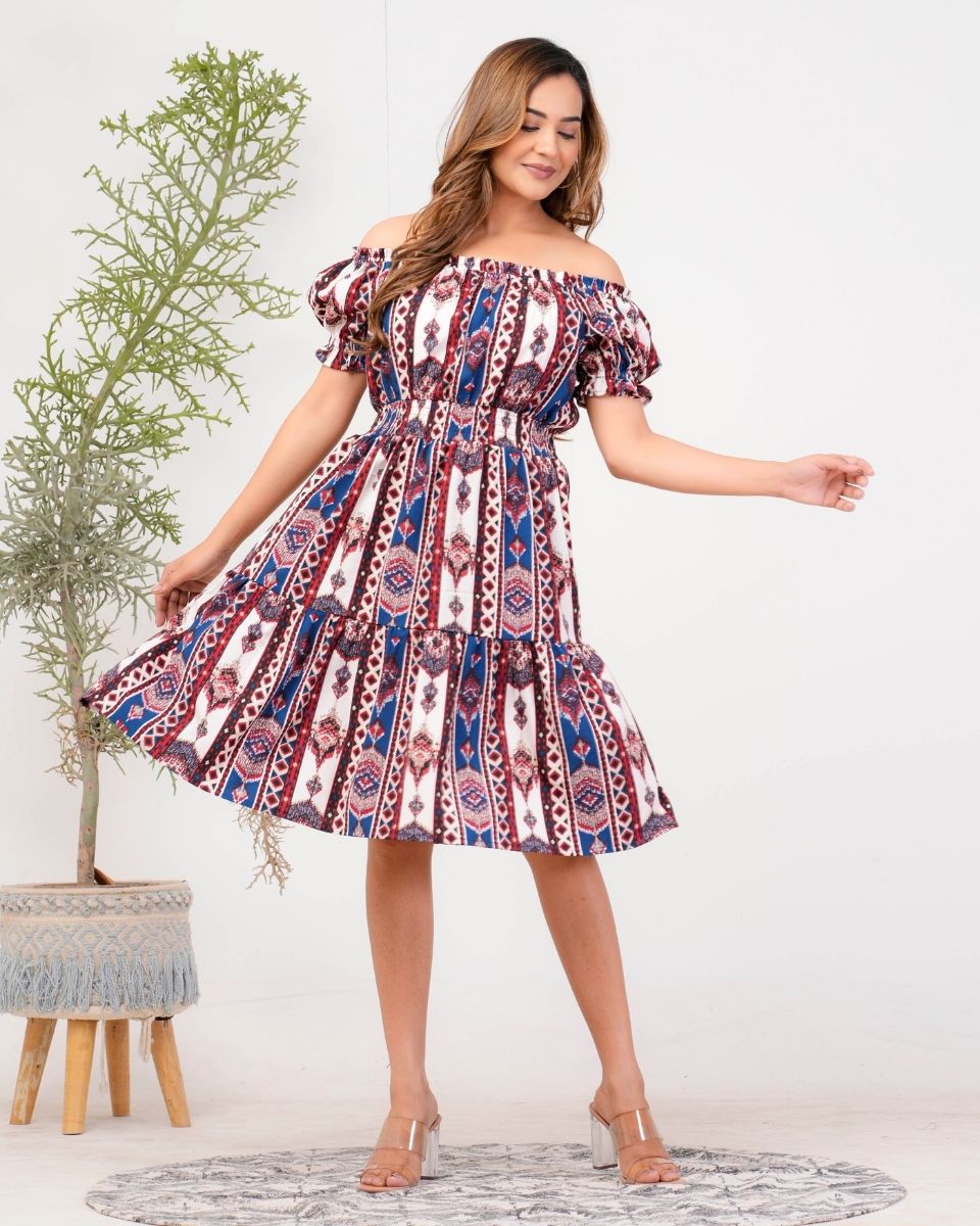 Blue Poly Crepe Off Shoulder Party Dress For Women