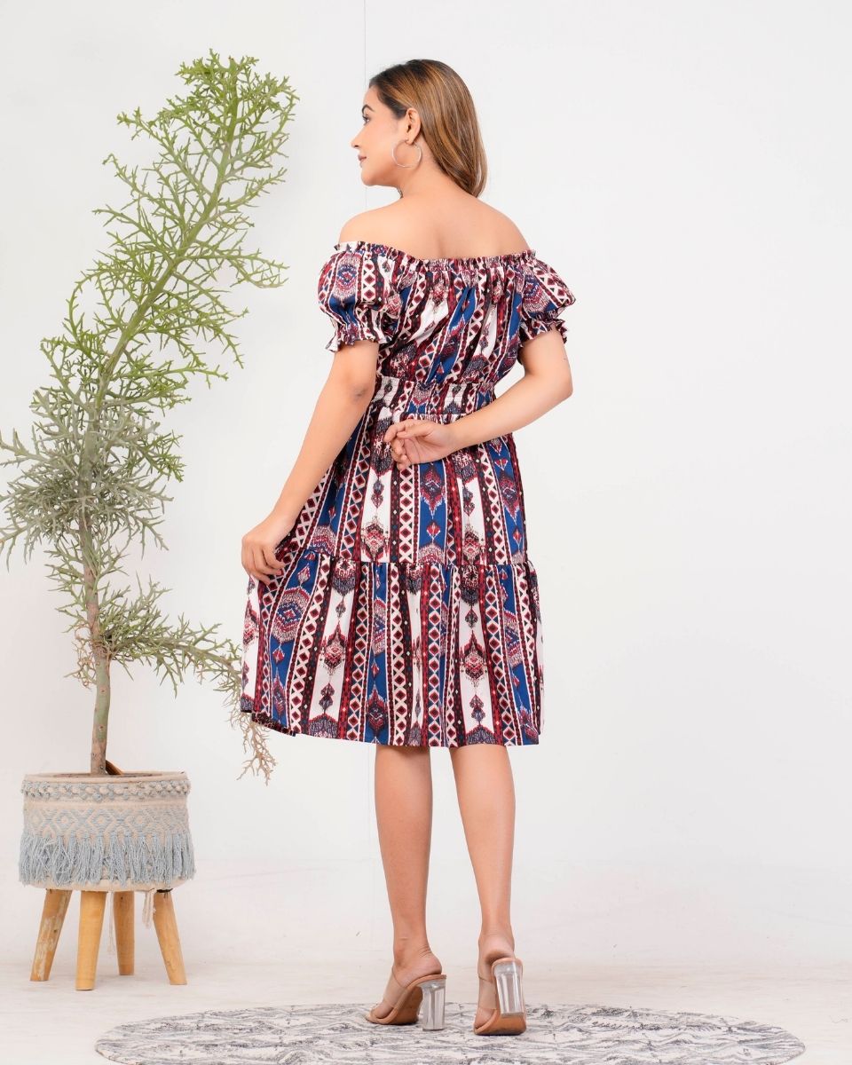 Blue Poly Crepe Off Shoulder Party Dress For Women