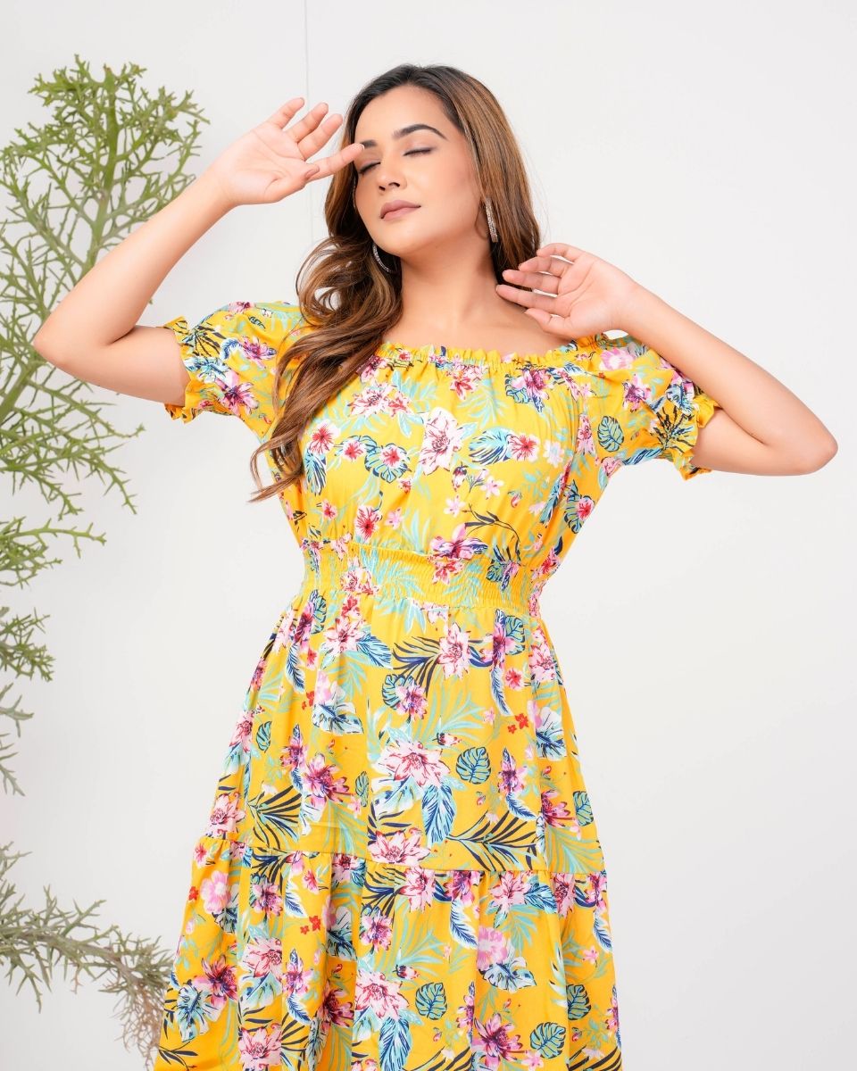 Yellow Poly Floral Printed Crepe Off Shoulder Dress For Women