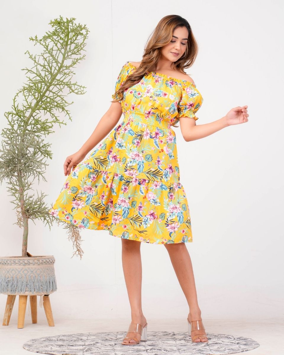 Yellow Poly Floral Printed Crepe Off Shoulder Dress For Women