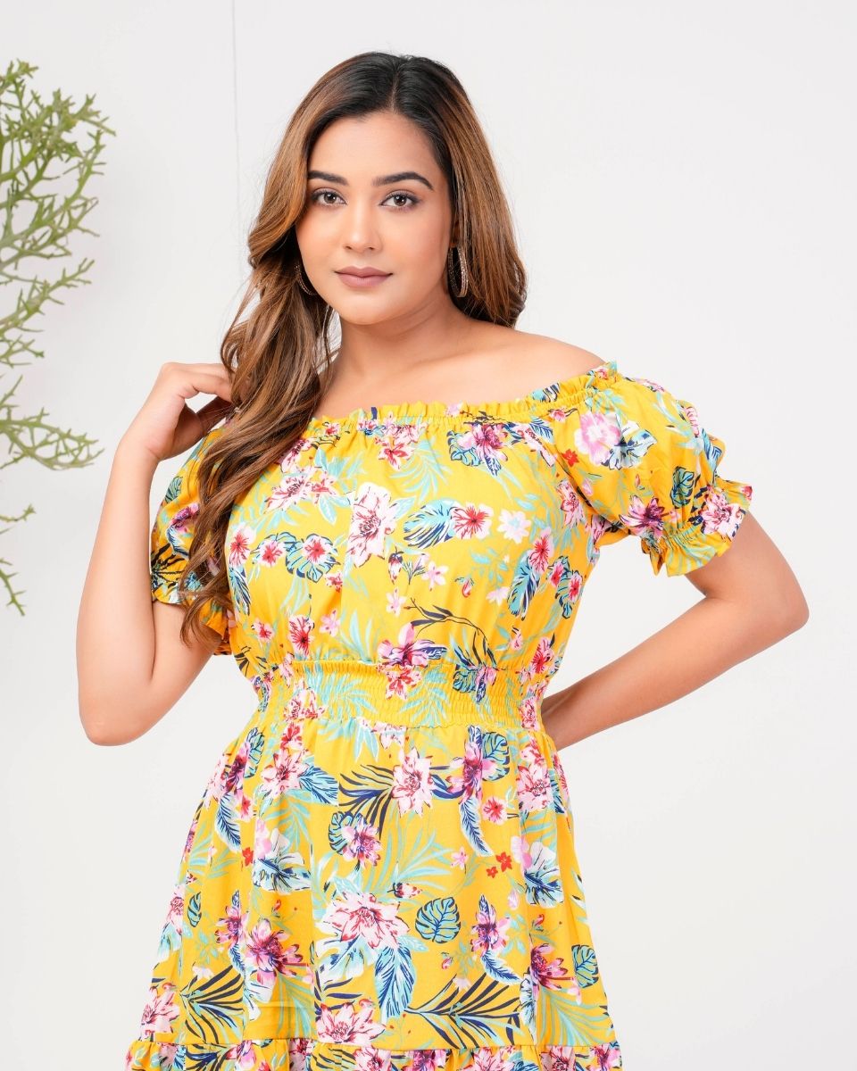 Yellow Poly Floral Printed Crepe Off Shoulder Dress For Women