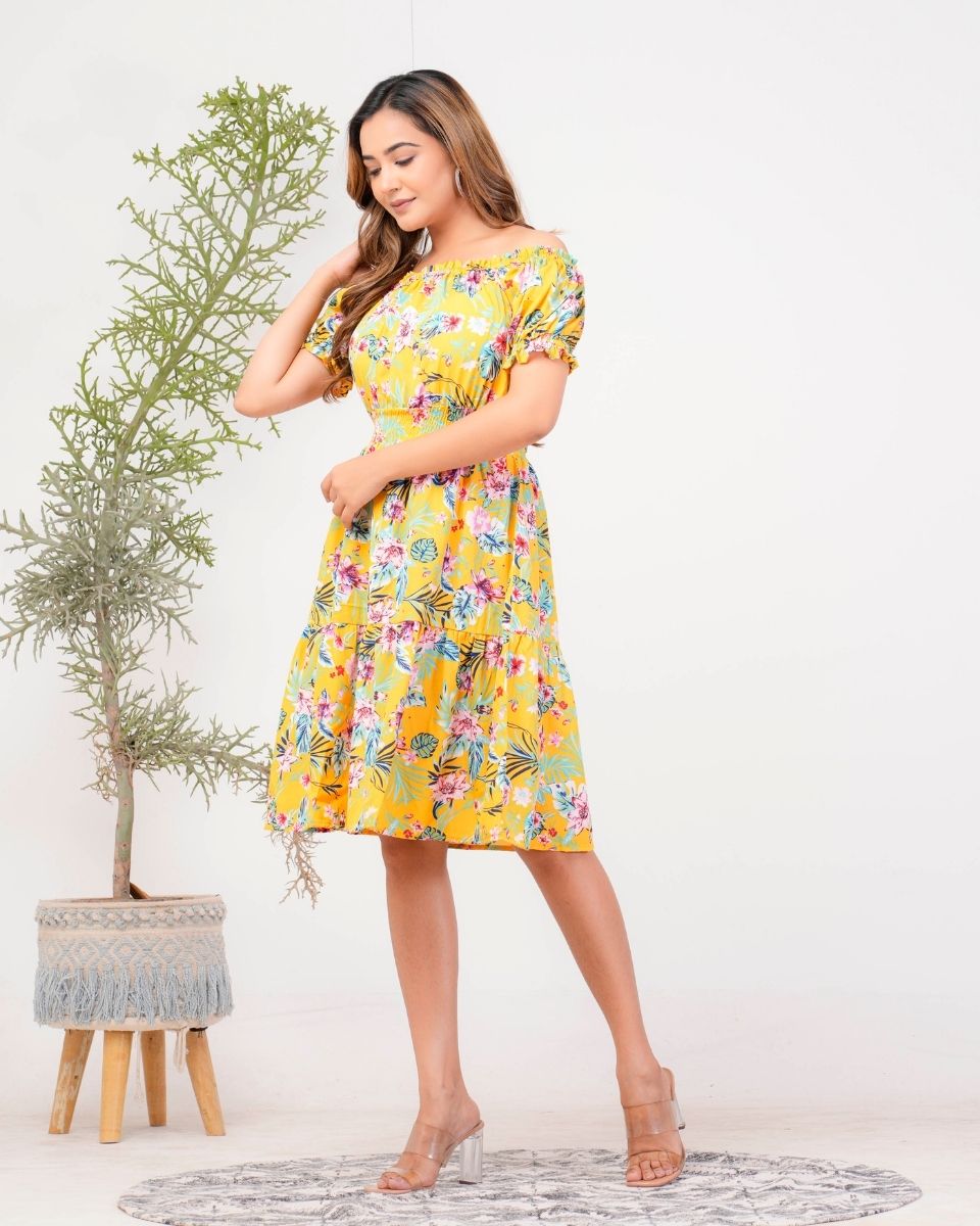 Yellow Poly Floral Printed Crepe Off Shoulder Dress For Women