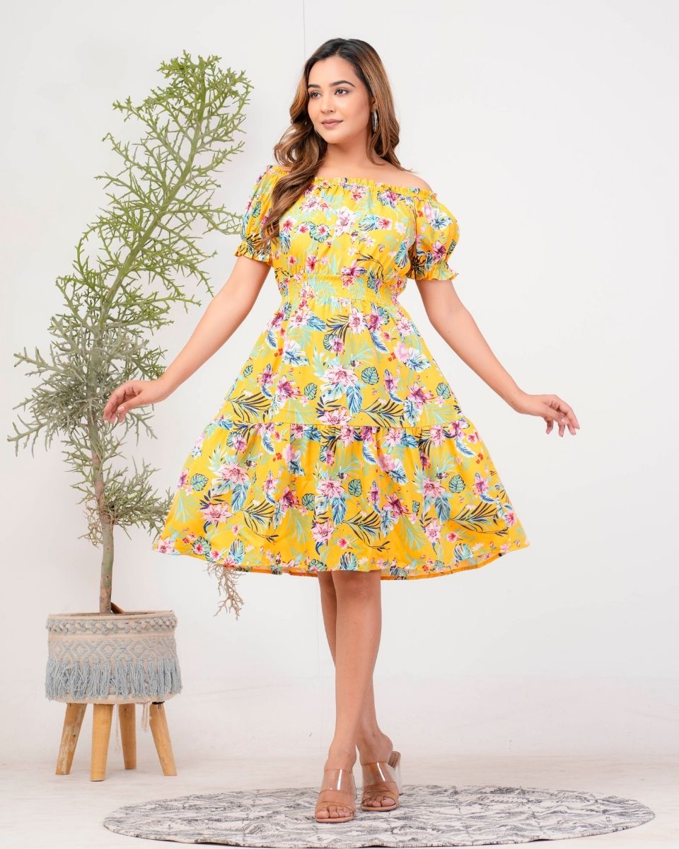 Yellow Poly Floral Printed Crepe Off Shoulder Dress For Women