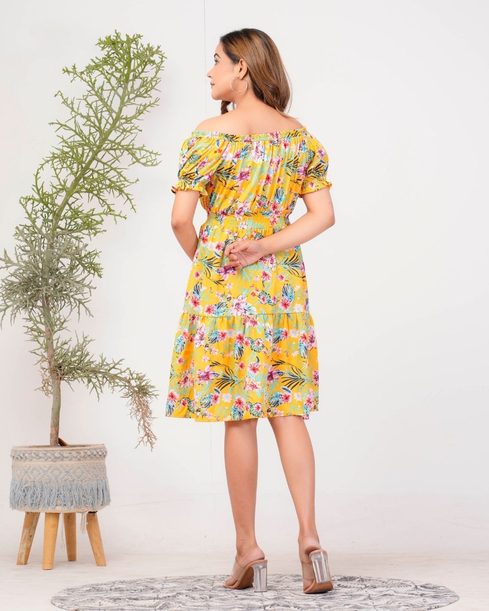 Yellow Poly Floral Printed Crepe Off Shoulder Dress For Women