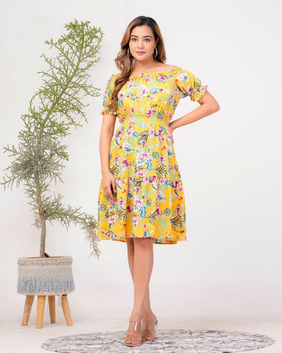 Yellow Poly Floral Printed Crepe Off Shoulder Dress For Women