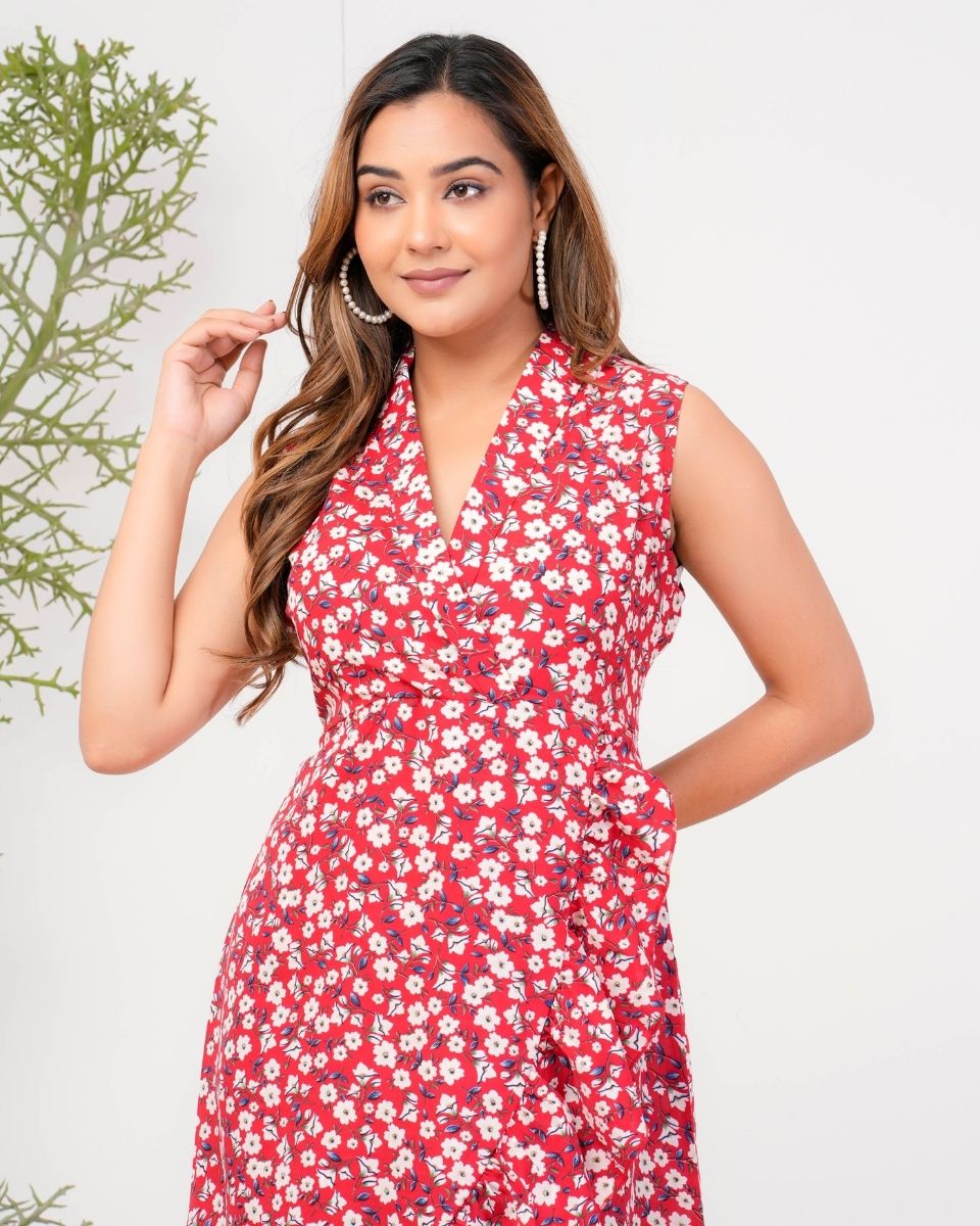 Red Poly Crepe Collared Neck Floral Dress For Women