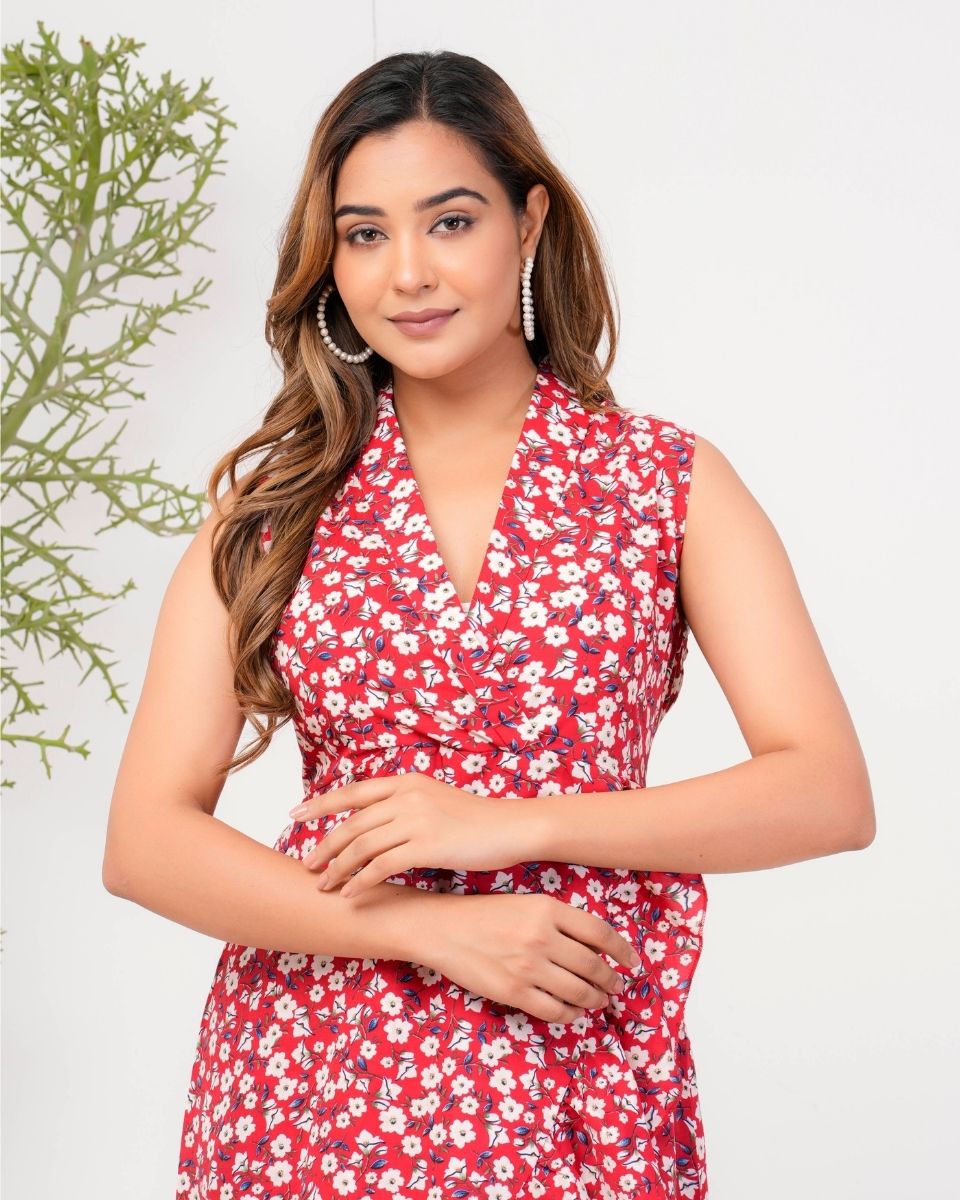 Red Poly Crepe Collared Neck Floral Dress For Women