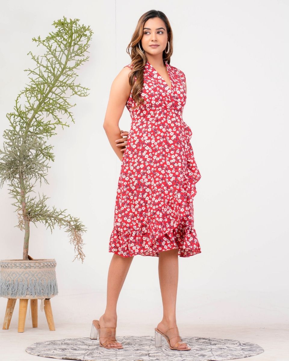 Red Poly Crepe Collared Neck Floral Dress For Women