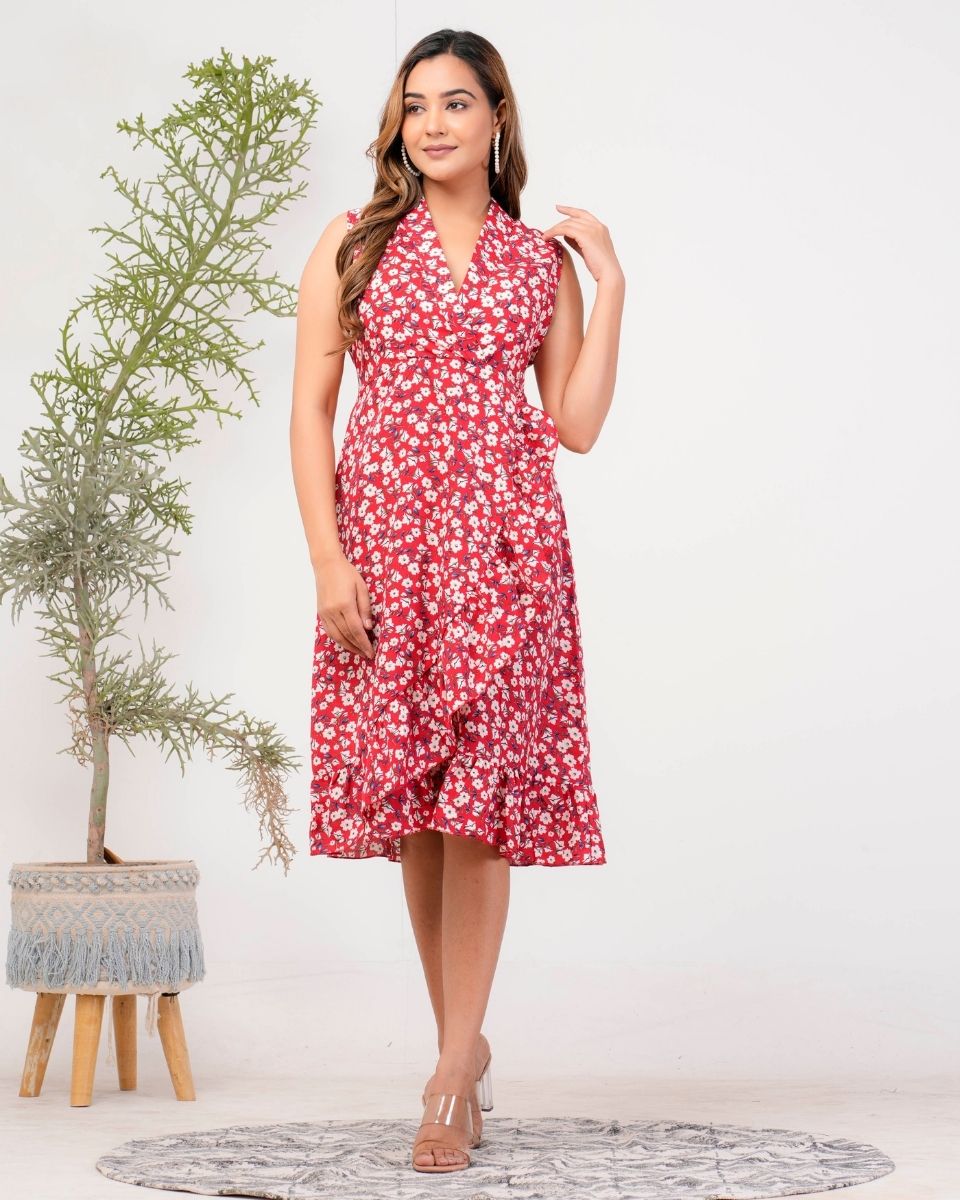 Red Poly Crepe Collared Neck Floral Dress For Women