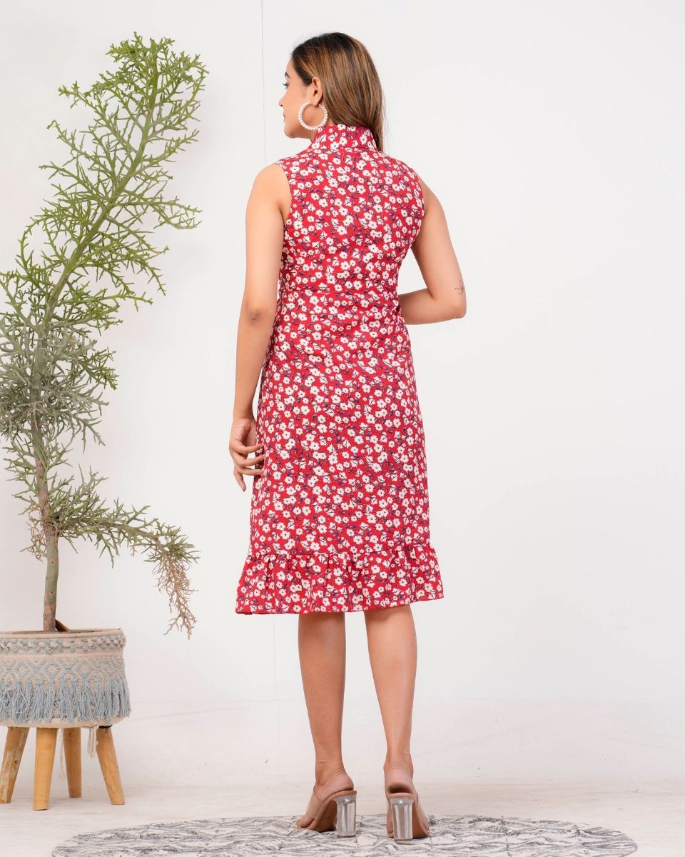 Red Poly Crepe Collared Neck Floral Dress For Women