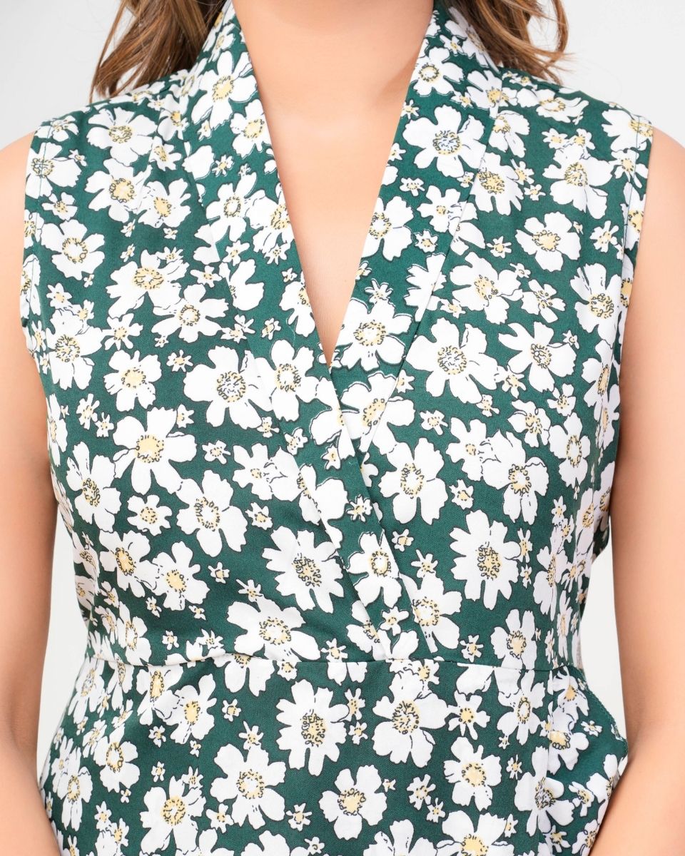 Pine Green Floral Printed Poly Crepe Dress For Women