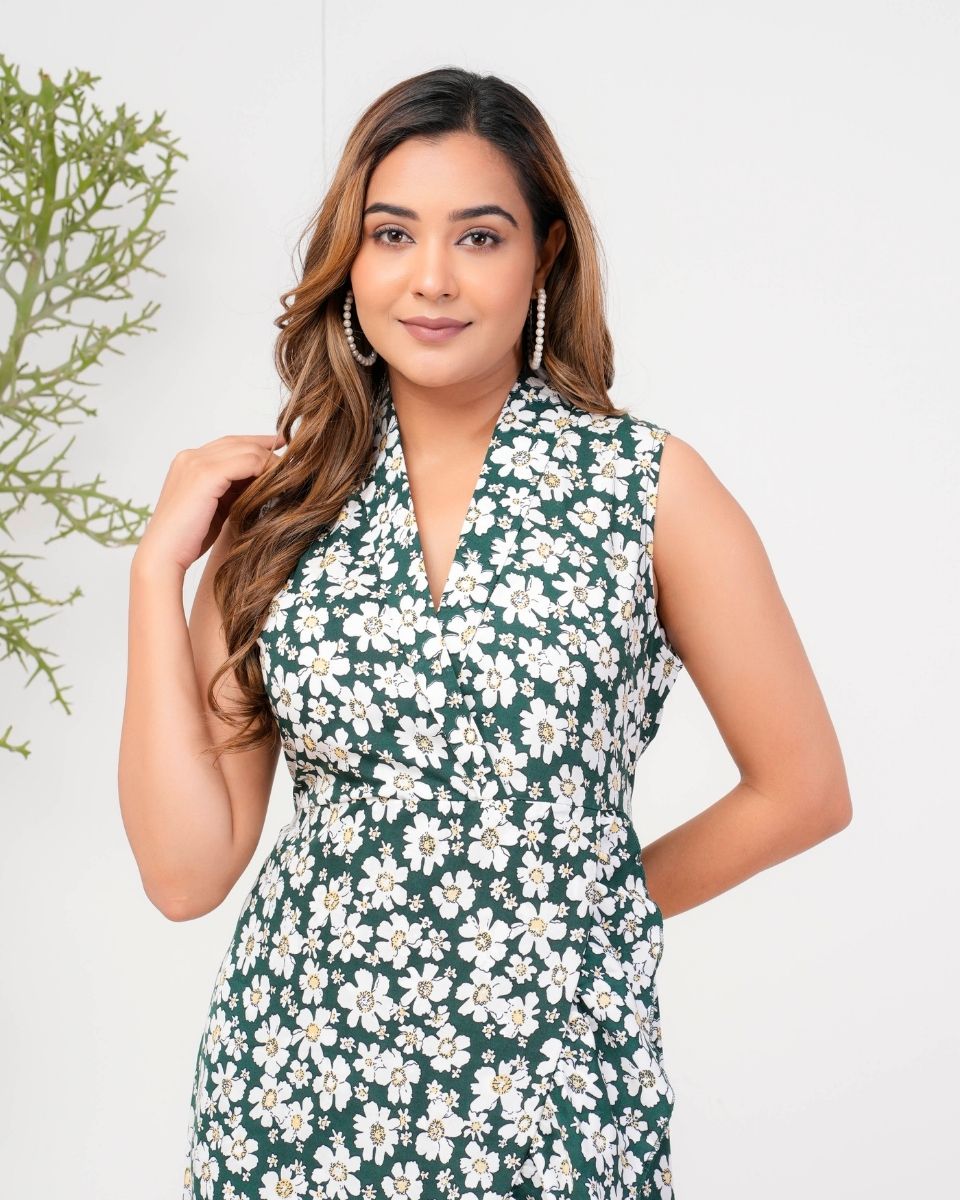 Pine Green Floral Printed Poly Crepe Dress For Women