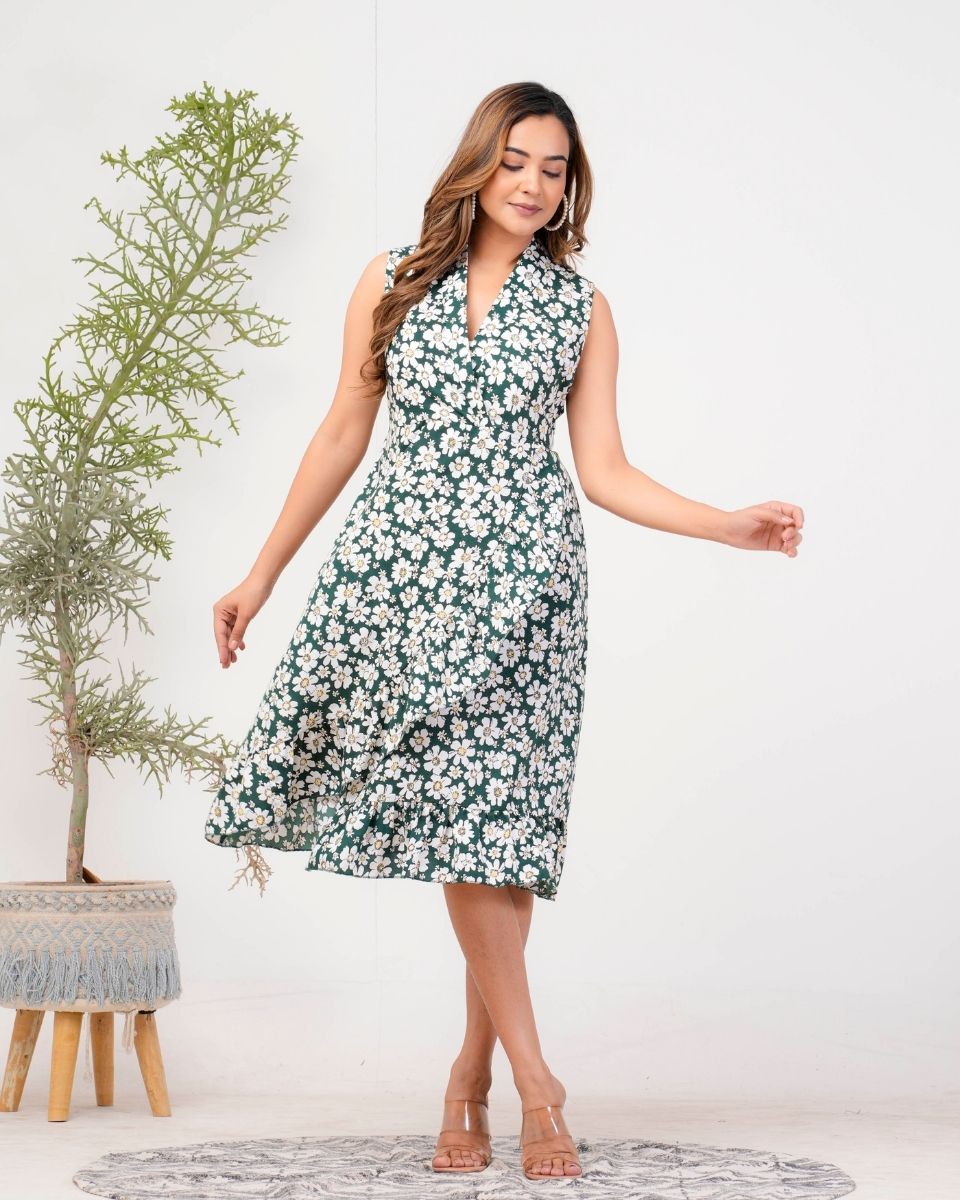 Pine Green Floral Printed Poly Crepe Dress For Women