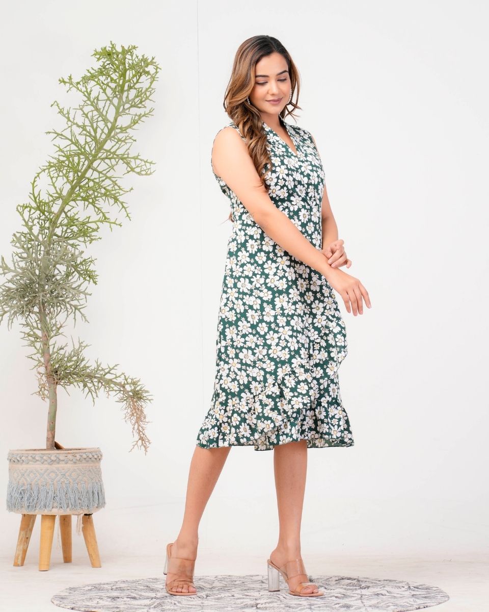 Pine Green Floral Printed Poly Crepe Dress For Women