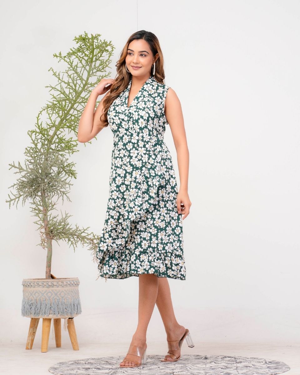 Pine Green Floral Printed Poly Crepe Dress For Women