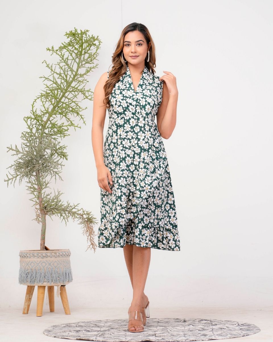 Pine Green Floral Printed Poly Crepe Dress For Women