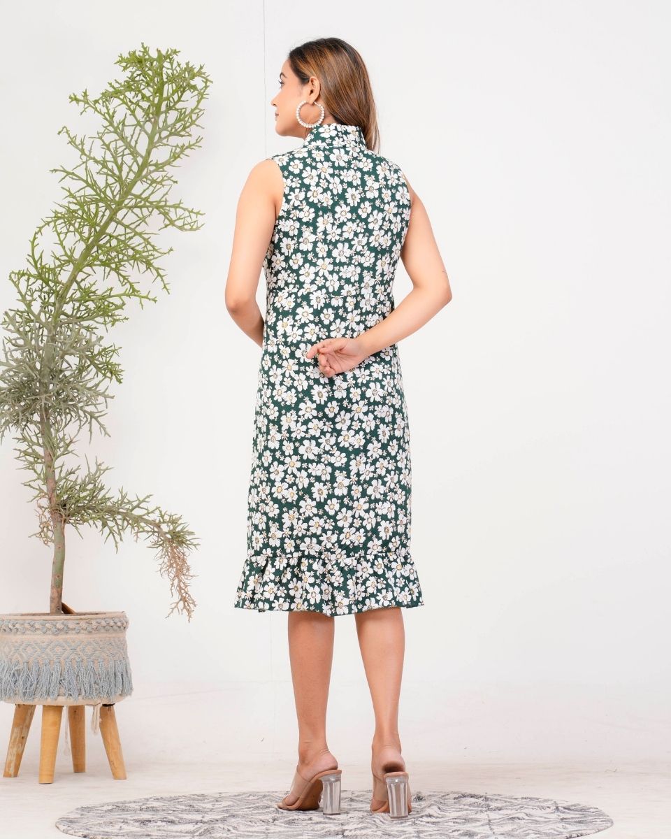 Pine Green Floral Printed Poly Crepe Dress For Women
