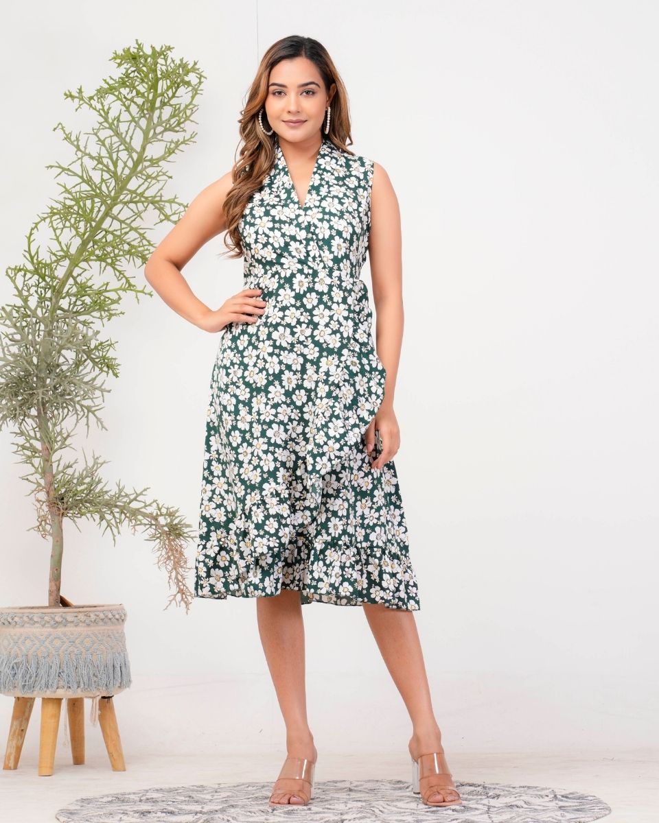 Pine Green Floral Printed Poly Crepe Dress For Women