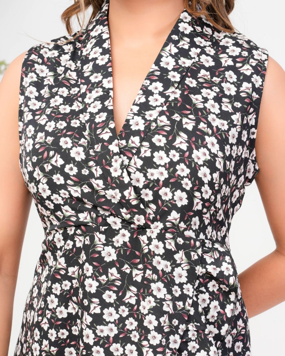 Asymmetrical Floral Print Black And White Collared Neck Midi Dress For Women