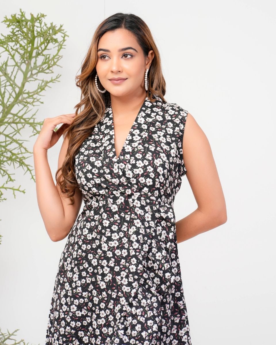 Asymmetrical Floral Print Black And White Collared Neck Midi Dress For Women