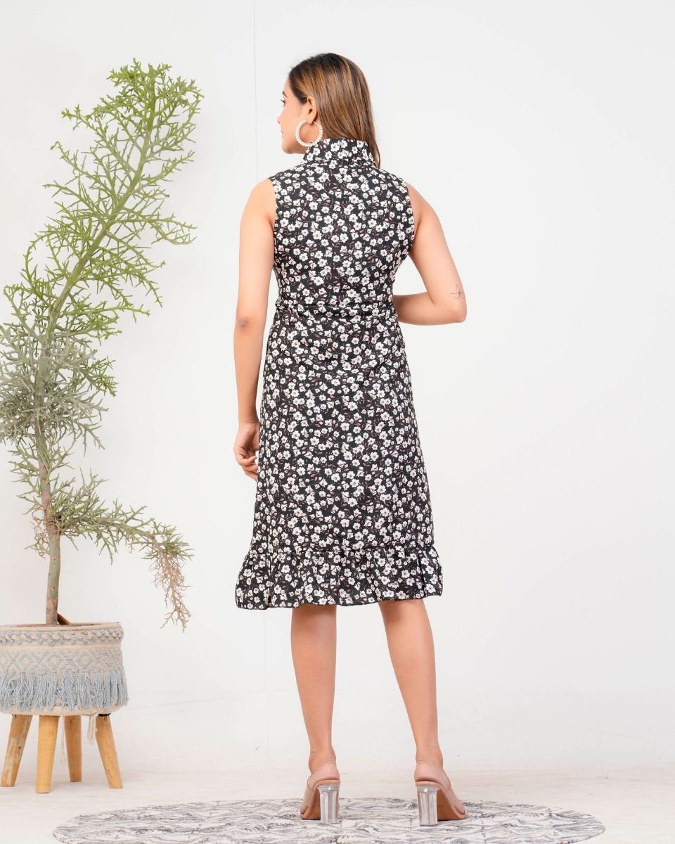 Asymmetrical Floral Print Black And White Collared Neck Midi Dress For Women