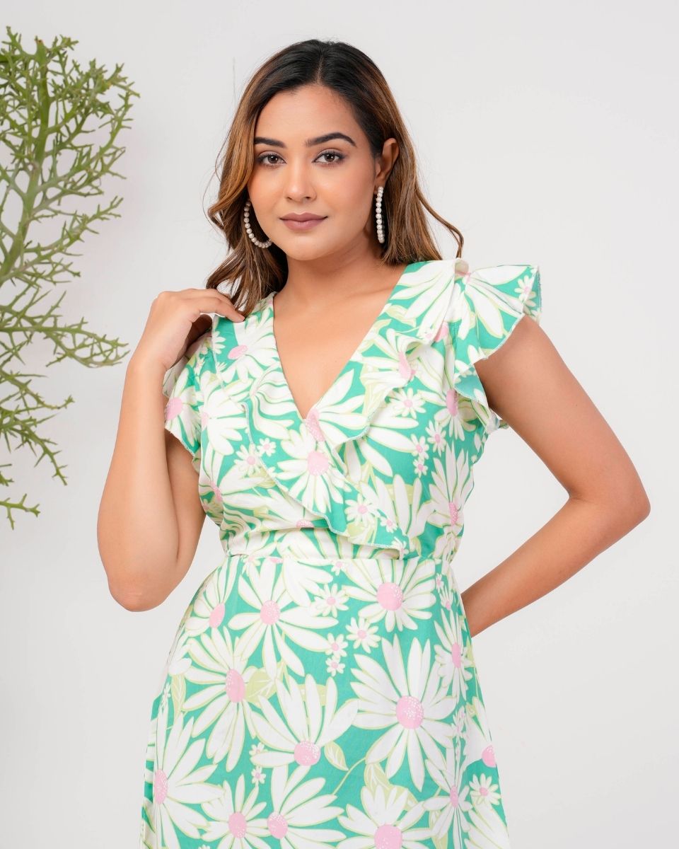 Fluorescent green Floral V Neck Ruffle Dress For Women
