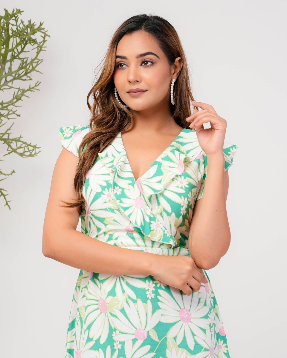 Fluorescent green Floral V Neck Ruffle Dress For Women