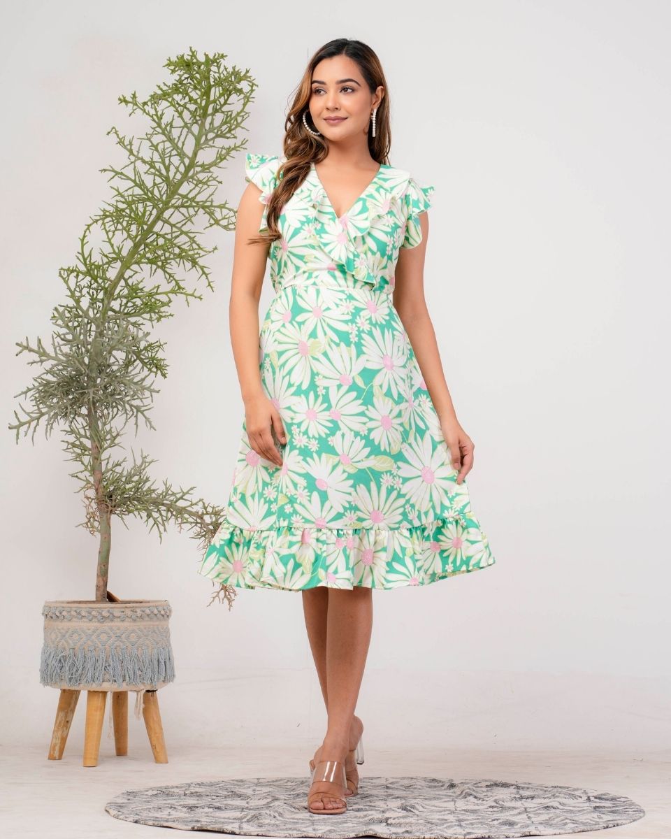 Fluorescent green Floral V Neck Ruffle Dress For Women